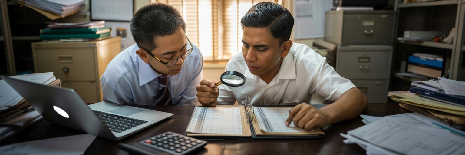 Two men examining a ledger with a magnifying glass