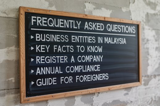 Chalkboard listing FAQ topics: business entities in Malaysia, key facts to know, register a company, annual compliance, guide for foreigners