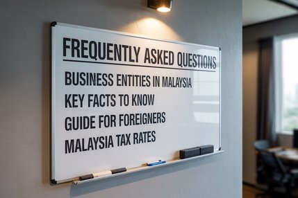 Whiteboard listing FAQ topics: business entities in Malaysia, key facts to know, guide for foreigners, Malaysia tax rates