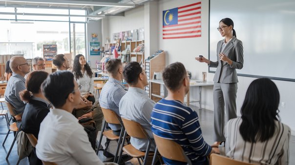 Presenter speaking to a seated audience at a business seminar